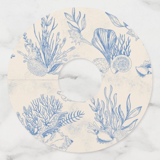 Blauw toile oceaanthema Bruiloft Feest Wijnglaslabel (Achterkant)