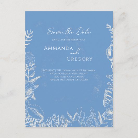 Blauw Toile Ocean thema Trouwen Save the date Aankondigingskaart (Voorkant)