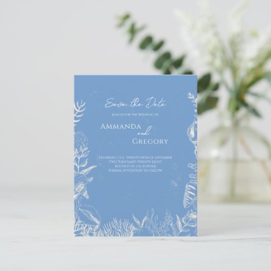 Blauw Toile Ocean thema Trouwen Save the date Aankondigingskaart (Staand voorkant)