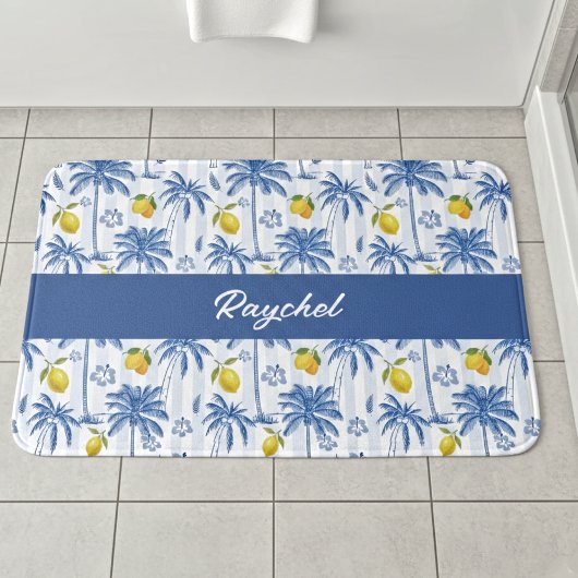 Blauw toile palmbomen citroenen monogram naam badmat