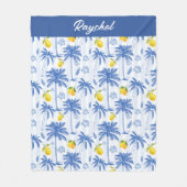 Blauw toile palmbomen citroenen monogram naam fleece deken (Voorkant)