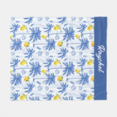 Blauw toile palmbomen citroenen monogram naam fleece deken (Voorkant (Horizontaal))