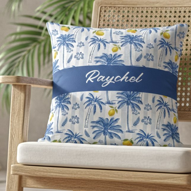 Blauw toile palmbomen citroenen monogram naam kussen (Creator heeft geüpload)