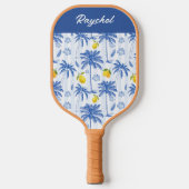 Blauw toile palmbomen citroenen monogram naam pickleball paddle (Voorkant)