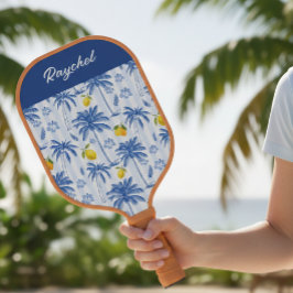 Blauw toile palmbomen citroenen monogram naam pickleball paddle