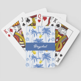 Blauw toile palmbomen citroenen monogram naam pokerkaarten