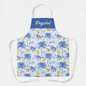 Blauw toile palmbomen citroenen monogram naam schort (Voorkant)