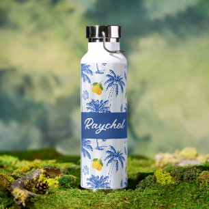 Blauw toile palmbomen citroenen monogram naam waterfles