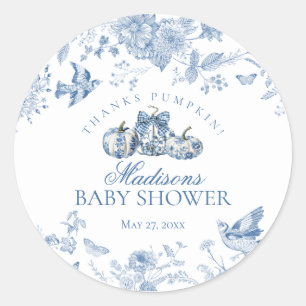 Blauw toile pompoen Frans herfst baby shower favor Ronde Sticker