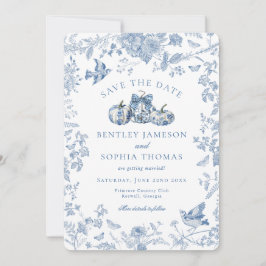 Blauw toile pompoen Frans landhuis uitnodiging voo