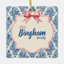 Blauw toile roze strik familiefoto Kerstmis