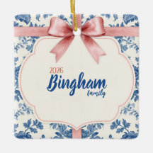 Blauw toile roze strik familiefoto Kerstmis