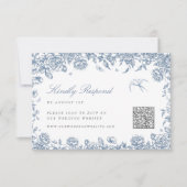 Blauw Toile RSVP kaart met QR code Chinoiserie Bir (Voorkant)