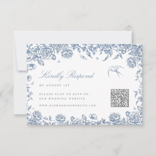 Blauw Toile RSVP kaart met QR code Chinoiserie Bir (Voorkant)