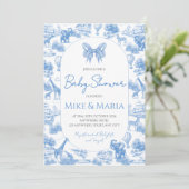 Blauw toile safari babyshower uitnodiging (Staand voorkant)