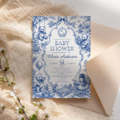 Blauw toile teddybeer babyshower kaart