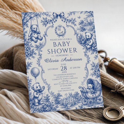 Blauw toile teddybeer babyshower kaart