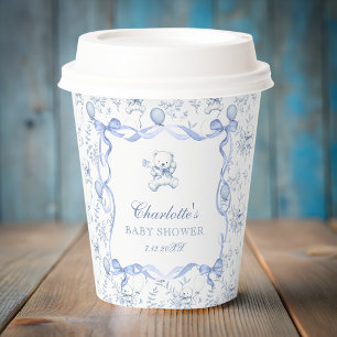 Blauw toile teddybeer babyshower papieren bekers