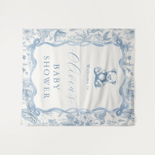 Blauw toile teddybeer babyshower wandtapijt wandkleed (Voorkant (horizontaal))