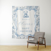 Blauw toile teddybeer babyshower wandtapijt wandkleed (In situ)