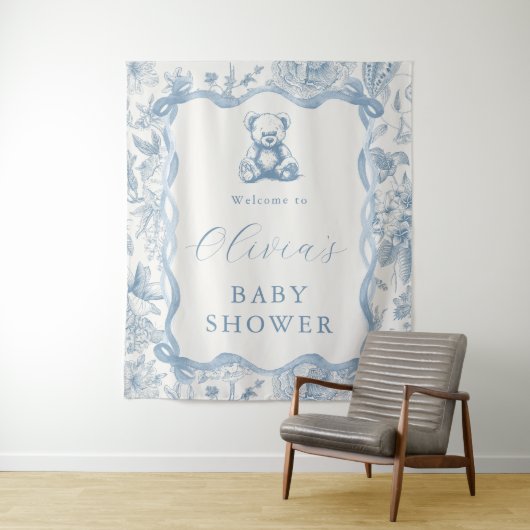 Blauw toile teddybeer babyshower wandtapijt wandkleed (In situ)