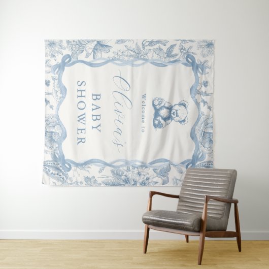 Blauw toile teddybeer babyshower wandtapijt wandkleed (In Situ (horizontaal))