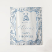 Blauw toile teddybeer babyshower wandtapijt wandkleed (Voorkant)