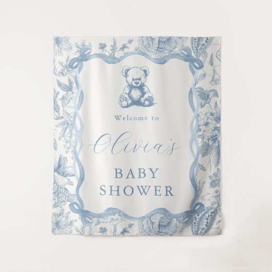 Blauw toile teddybeer babyshower wandtapijt wandkleed (Voorkant)