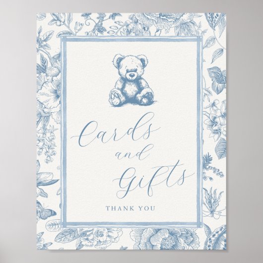 Blauw Toile Teddybeer Kaarten & Gifts Tafelteken Poster (Voorkant)