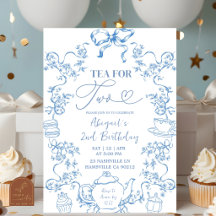 Blauw toile theeset voor twee 2e verjaardagsuitnod
