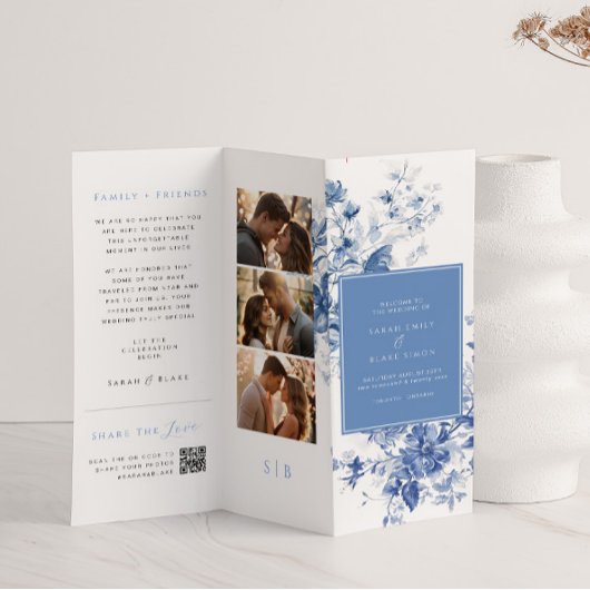 Blauw Toile Trifold Trouwprogramma Papieren Blad