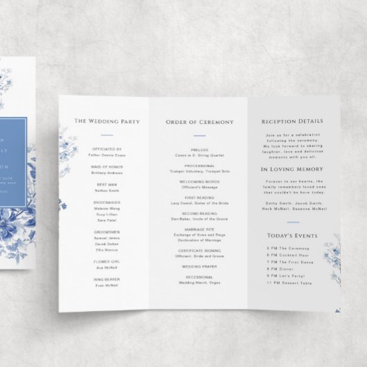 Blauw Toile Trifold Trouwprogramma Papieren Blad