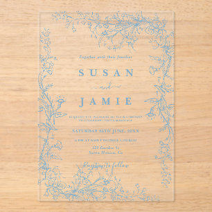 Blauw Toile Trouwen Acryl uitnodiging