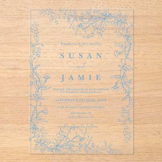 Blauw Toile Trouwen Acryl uitnodiging (Voorkant)