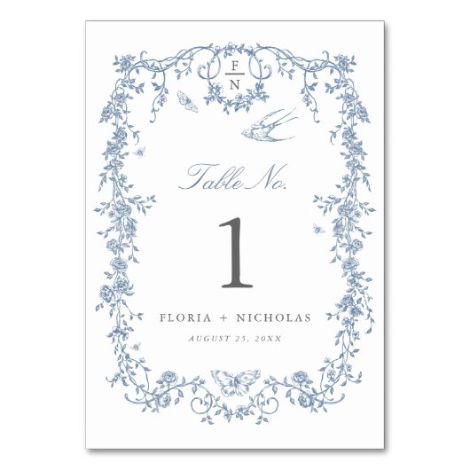 Blauw Toile Trouwtafel Nummer Kaart Chinoiserie (Achterkant)