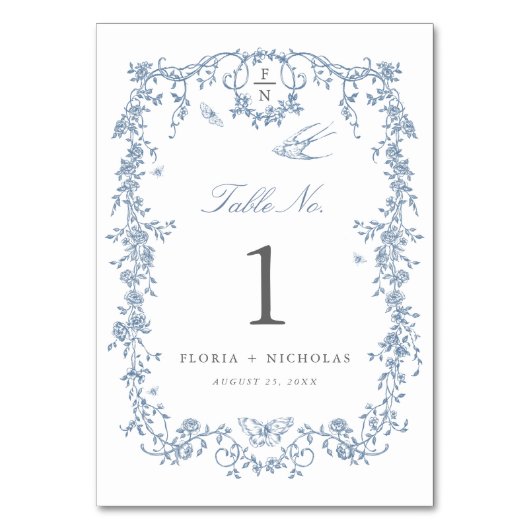 Blauw Toile Trouwtafel Nummer Kaart Chinoiserie (Voorkant)