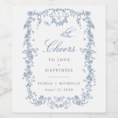 Blauw Toile Trouwwijn Fles Label Chinoiserie Wijn Etiket (Enkel label)