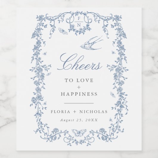 Blauw Toile Trouwwijn Fles Label Chinoiserie Wijn Etiket (Enkel label)