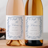 Blauw Toile Trouwwijn Fles Label Chinoiserie Wijn Etiket