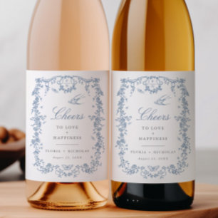 Blauw Toile Trouwwijn Fles Label Chinoiserie Wijn Etiket