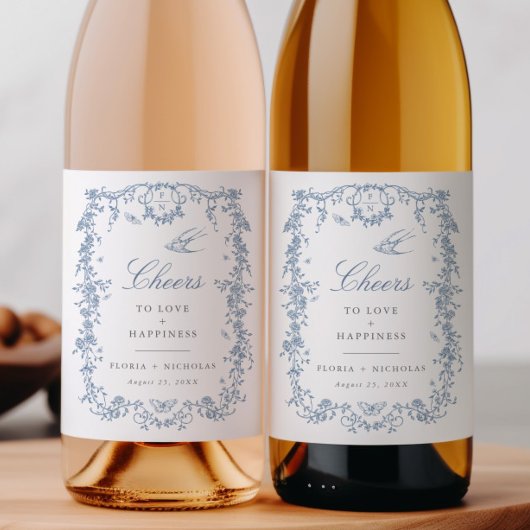 Blauw Toile Trouwwijn Fles Label Chinoiserie Wijn Etiket