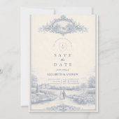 Blauw Toile Tuin Estate Bruiloft Save The Date (Voorkant)