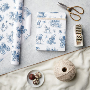Blauw Toile Vintage Babyfeestje  Cadeaupapier