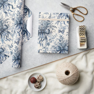 Blauw toile vintage linten cadeaupapier
