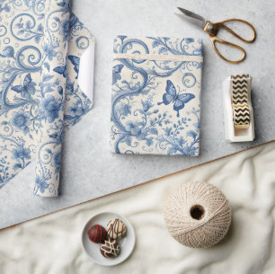 Blauw toile vlinders bloemig vintage cadeaupapier