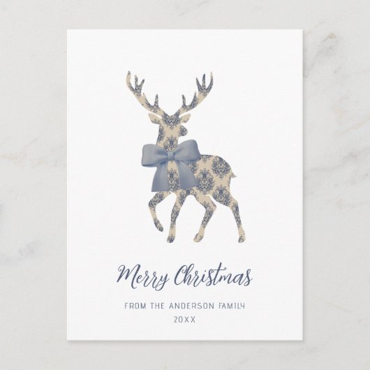 Blauw Toile Vrolijk Kerstfeest Feestdagenkaart (Voorkant)