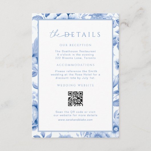  Blauw Toile Wedding Details QR-code invoegen Informatiekaartje (Voorkant)