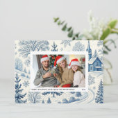 Blauw toilet winter Kerk Kerstkaart Kaart (Staand voorkant)
