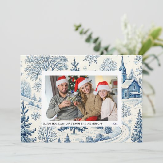 Blauw toilet winter Kerk Kerstkaart Kaart (Staand voorkant)