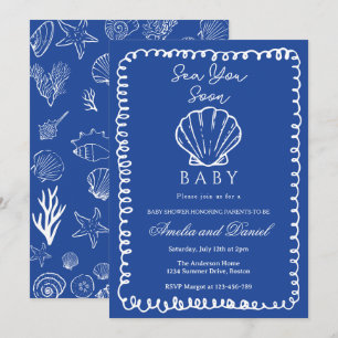 blauw tot ziens handgetekende oceaan schelp baby kaart